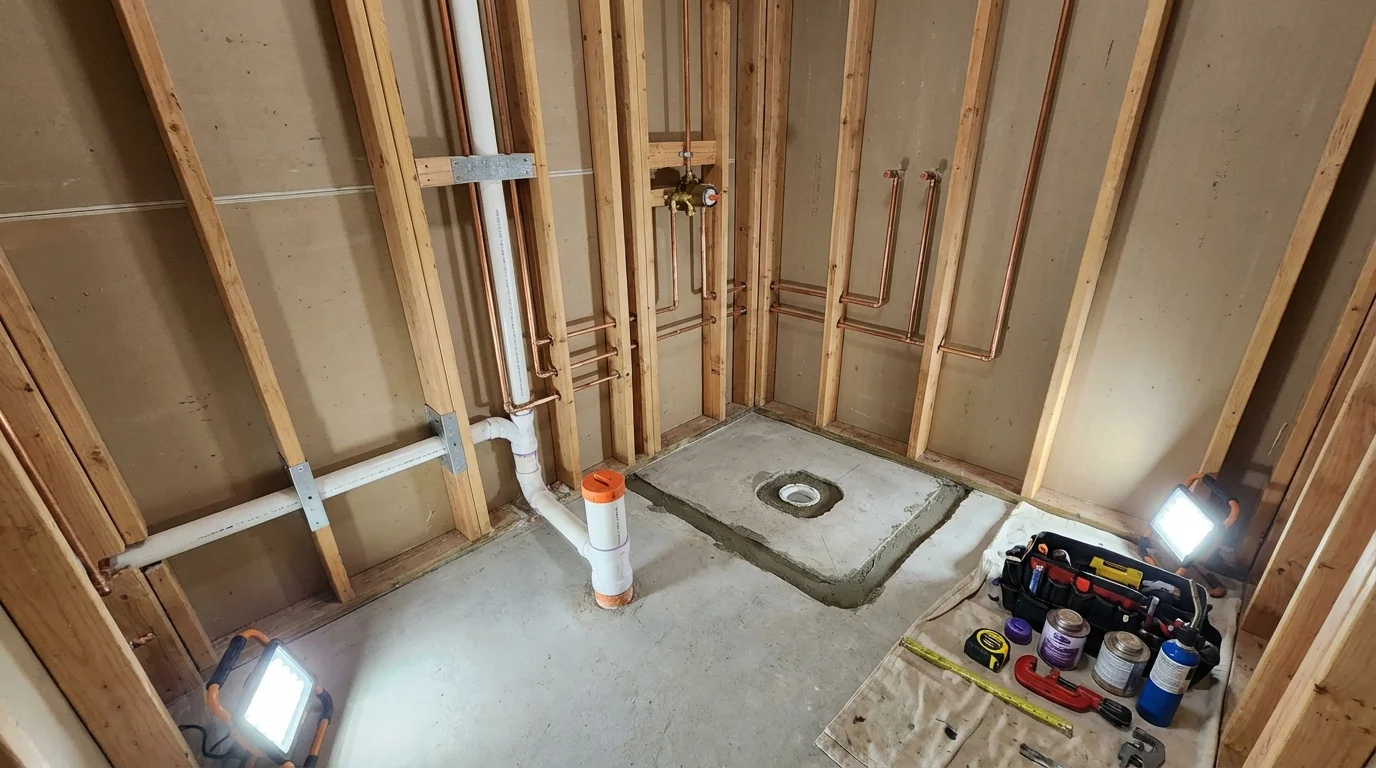Bathroom rough-in plumbing during remodel by Johns Plumbing LLC in Wixom
