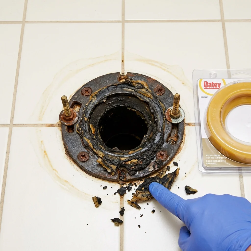 Failed wax ring showing water seepage at the base of a toilet in a Wixom, MI home